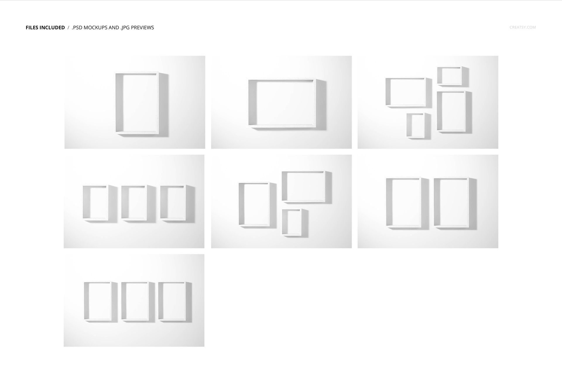 PSD mockup featuring multiple empty wooden picture frames in different layouts, shown from a straight-on perspective.
