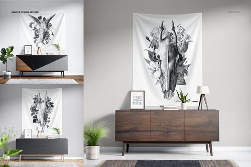 Mockup of a wall tapestry featuring black and white skull and flower illustration displayed in a contemporary living space.