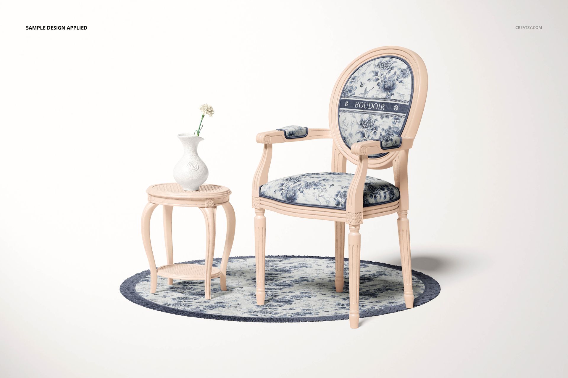 Louis XVI style armchair mockup featuring blue and white floral fabric, paired with a matching side table and rug.