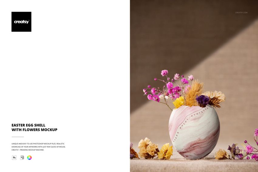 Front view of a pastel marbled Easter egg shell mockup filled with assorted dried flowers on a neutral surface.