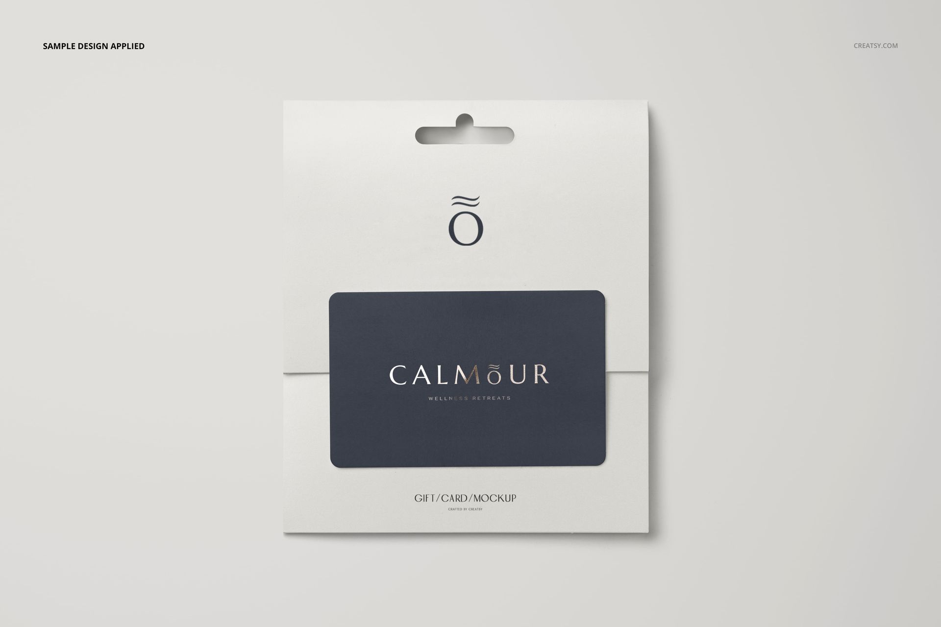 Front view of a stationery gift card mockup with a dark card placed on a white folded holder against a light background.