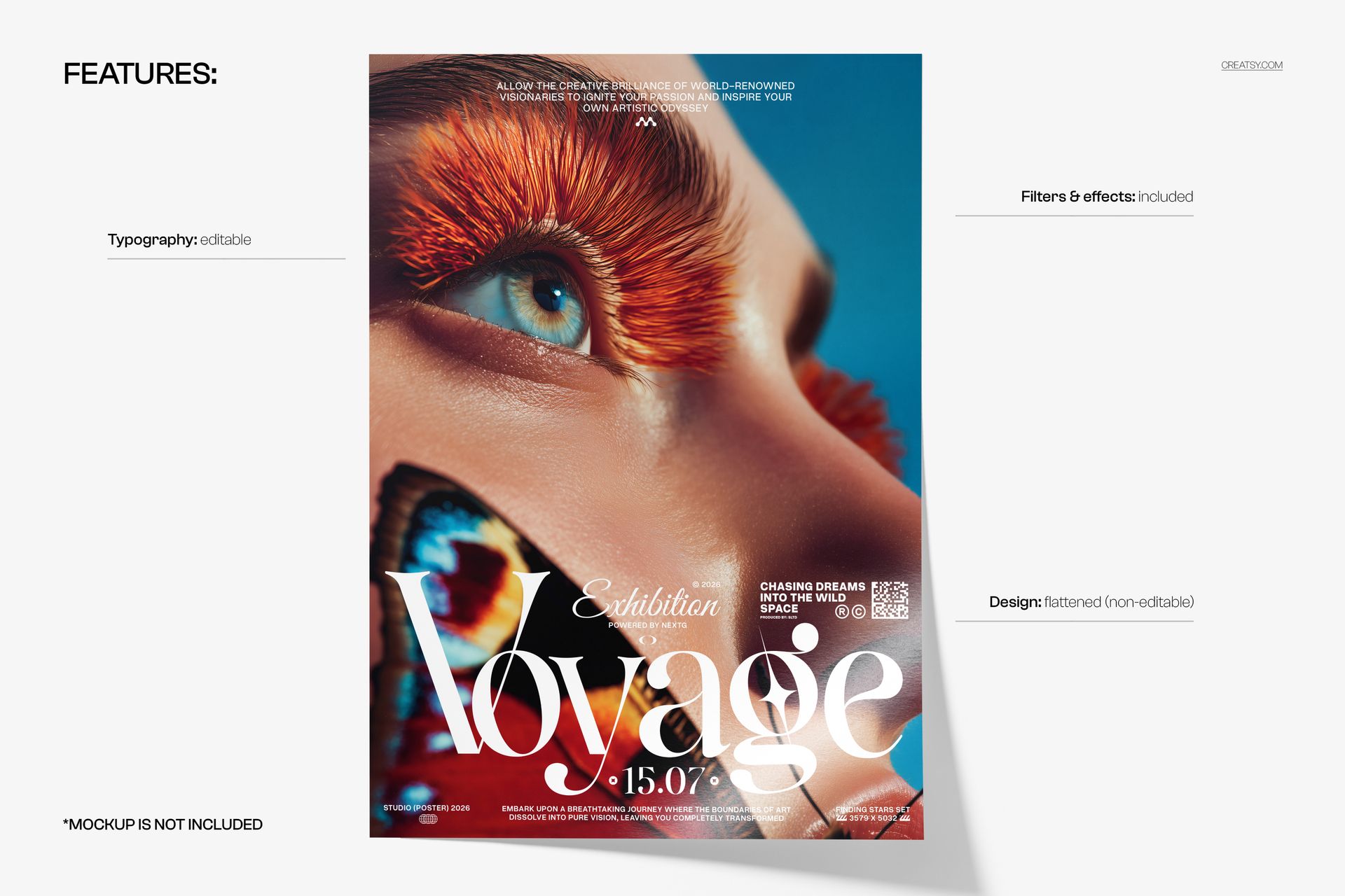 Front view of a poster mockup featuring a close-up of a woman's face with vibrant butterfly wings and bold text.