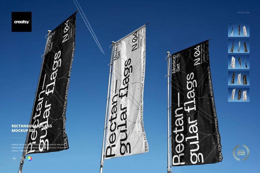 Vertical rectangular flags with modern black and white graphics, shown on flagpoles under a bright blue sky in a PSD mockup.