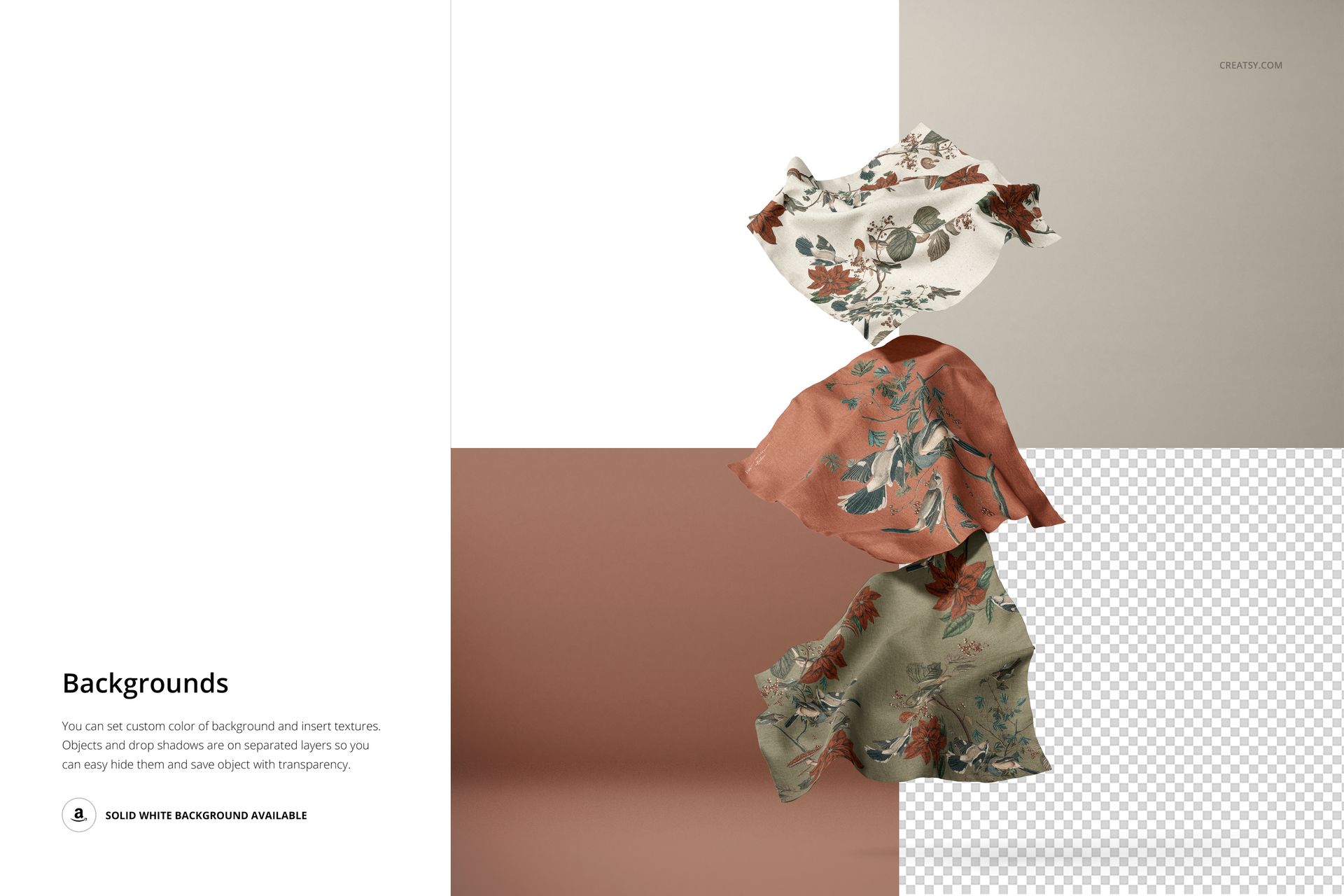 PSD mockup featuring three patterned fabric swatches suspended in mid-air against a divided neutral backdrop.