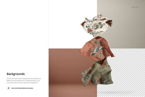PSD mockup featuring three patterned fabric swatches suspended in mid-air against a divided neutral backdrop.