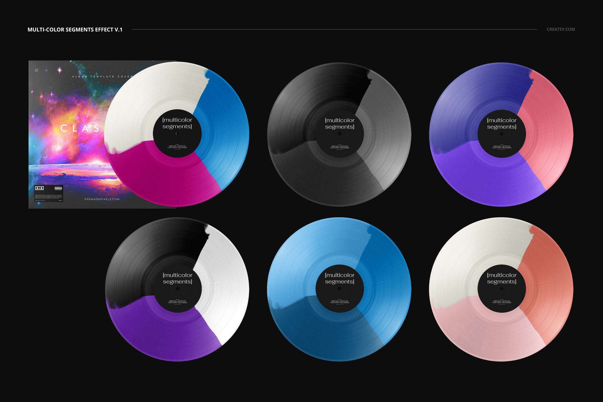PSD mockup featuring six segmented vinyl records and a vibrant album cover, viewed from above against a black backdrop.