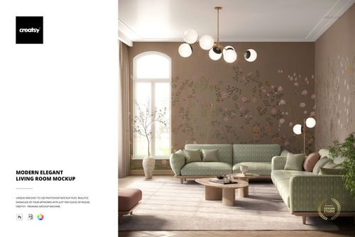 Modern living room mockup with two light green sofas, floral wallpaper, large window, and round ceiling lights.
