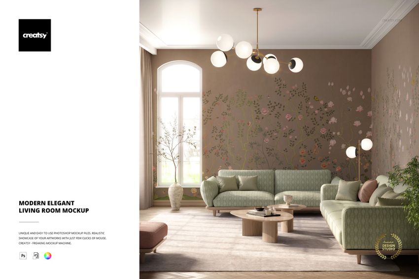 Modern living room mockup with two light green sofas, floral wallpaper, large window, and round ceiling lights.