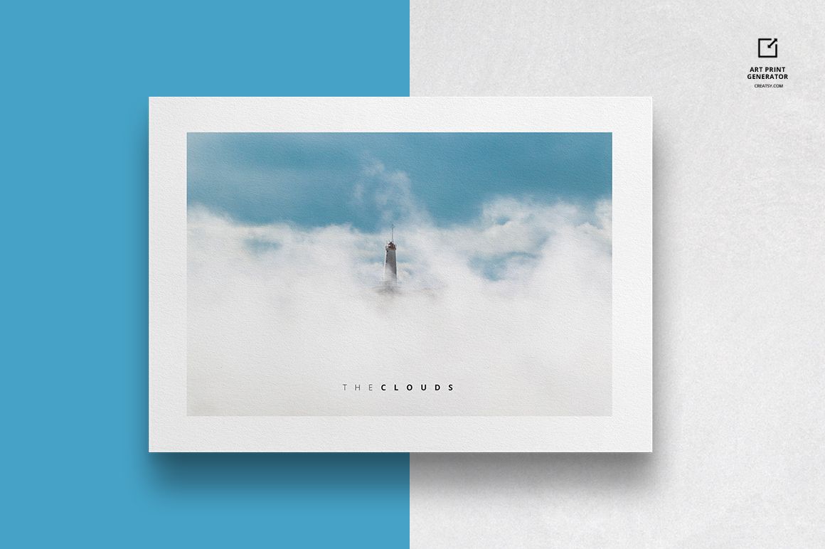 Front view of an art print mockup with white margin, displaying a misty sky scene, placed on two-tone background.