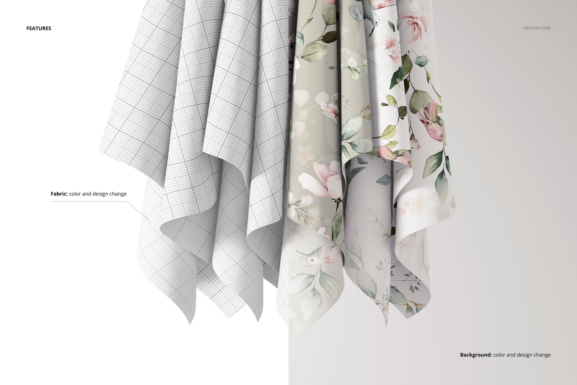 Front view of hanging fabric mockup showing two textile pieces, one with a grid pattern and one with a floral design.