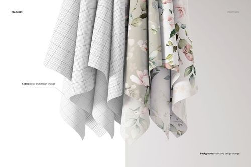 Front view of hanging fabric mockup showing two textile pieces, one with a grid pattern and one with a floral design.