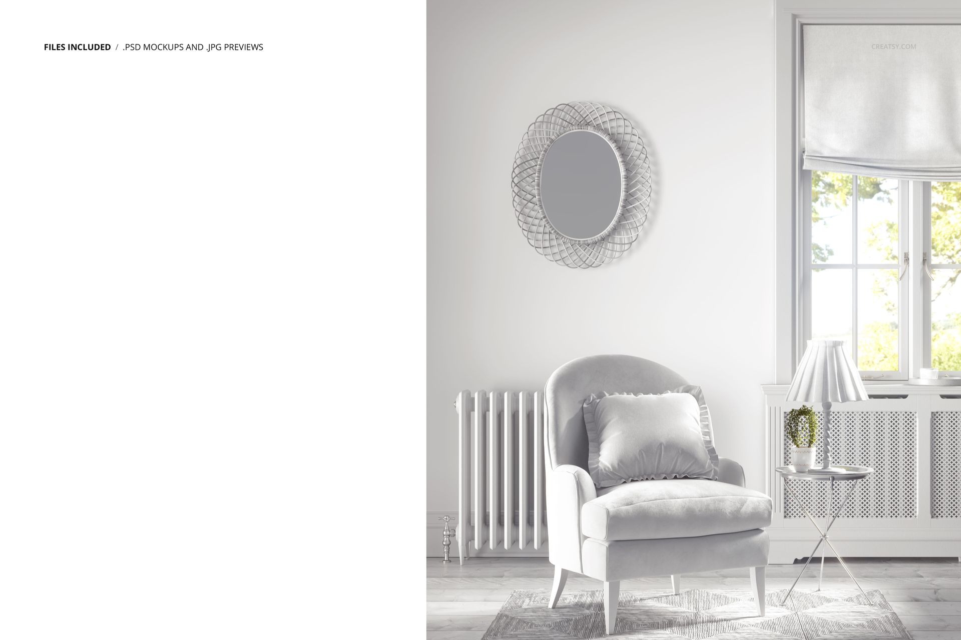 PSD mockup showing a cozy armchair with a cushion, side table, lamp, and roman shade near a sunlit window.