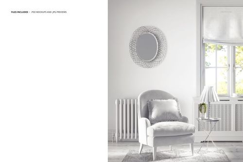 PSD mockup showing a cozy armchair with a cushion, side table, lamp, and roman shade near a sunlit window.
