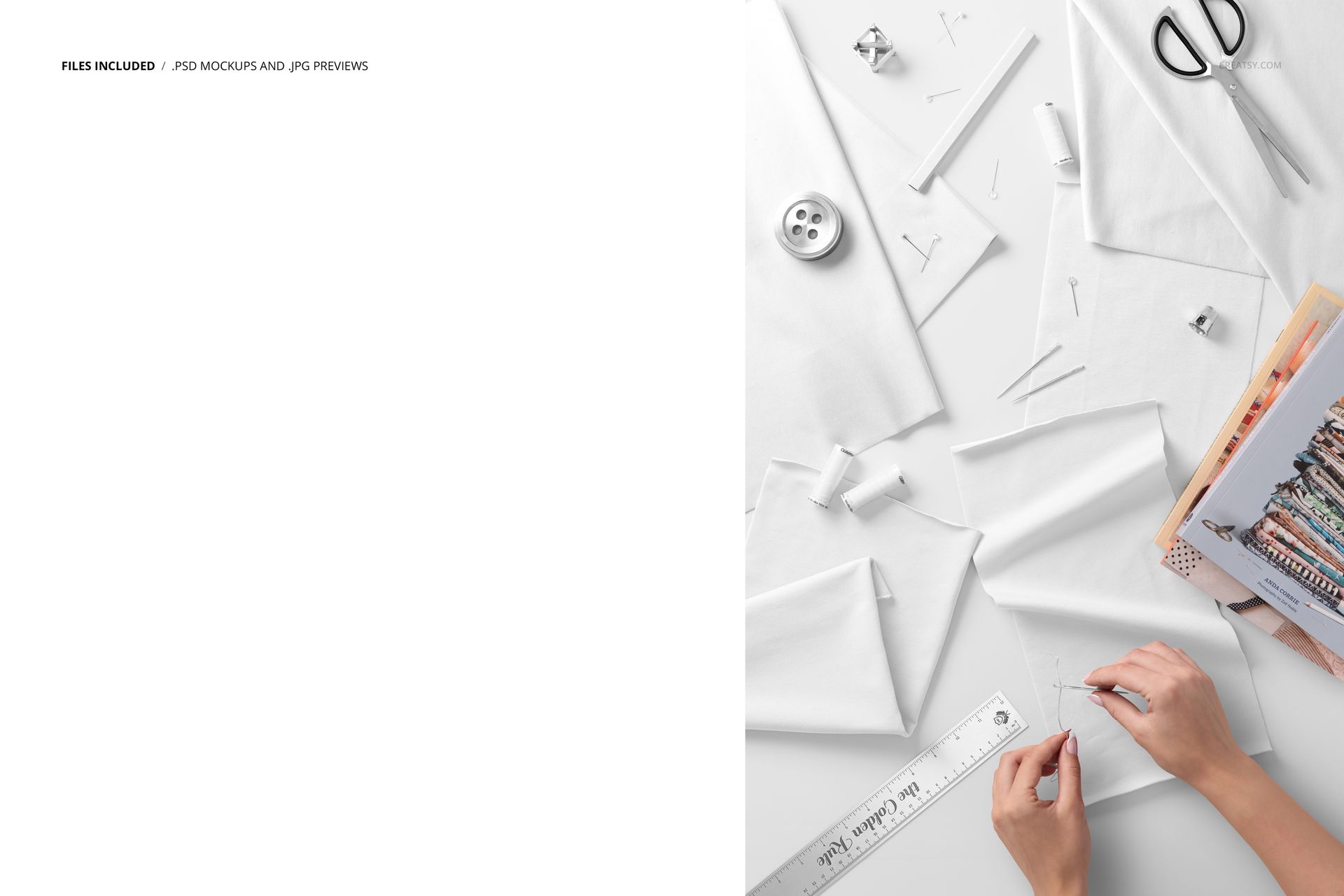 PSD mockup showing hands sewing fabric swatches with measuring tools, scissors, and thread on a bright tabletop.