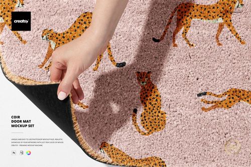 Natural coir mat mockup with animal print design, displayed in a top-down perspective and hand holding up one edge.