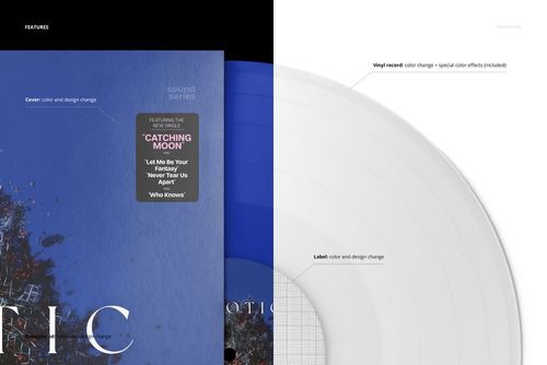 Close-up view of a colored vinyl record album mockup showing a blue cover and a transparent vinyl with design labels.
