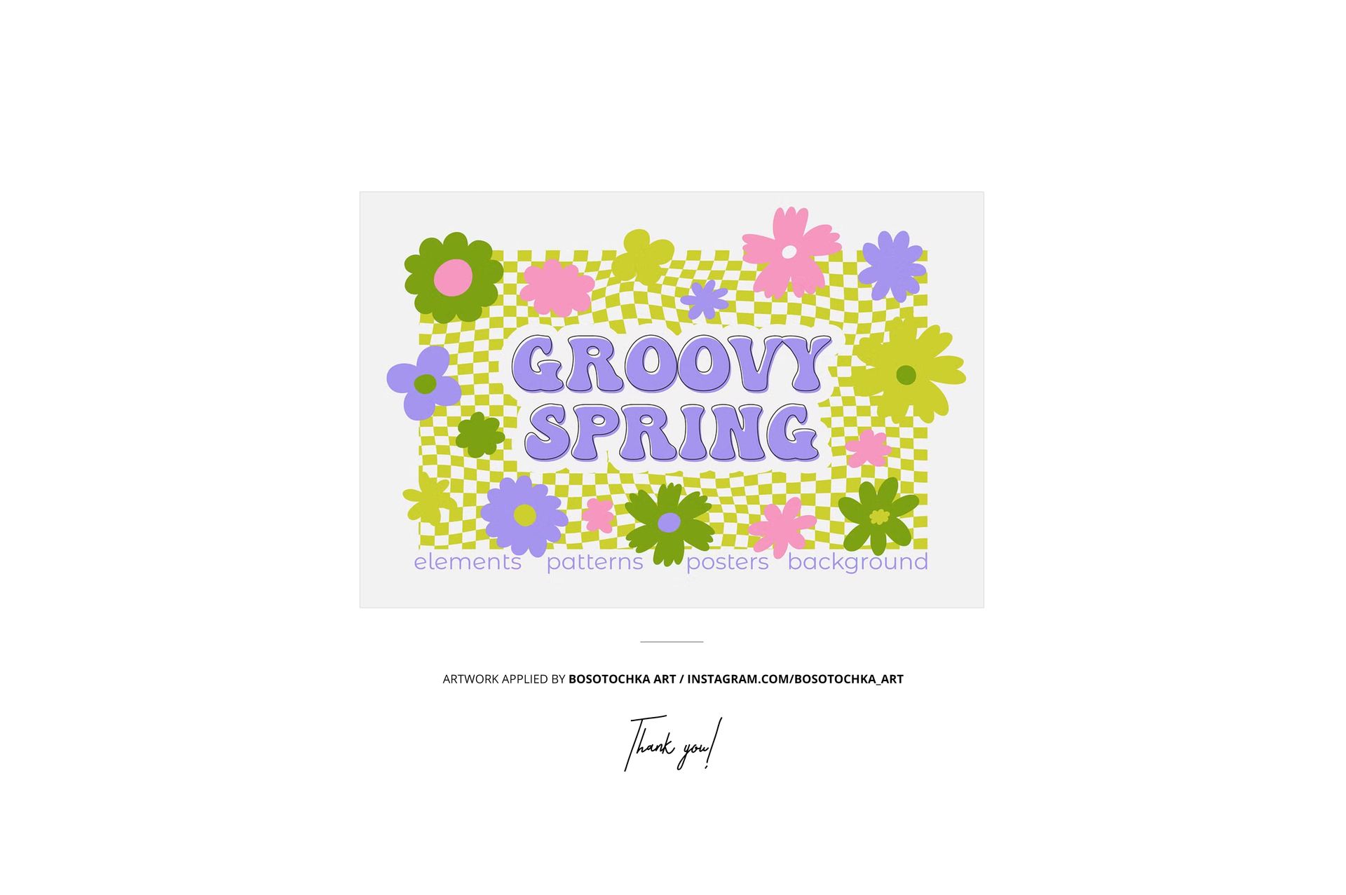 Jersey fabric sample mockup featuring a checkered background with colorful flowers and leaves in green, yellow, and pink.