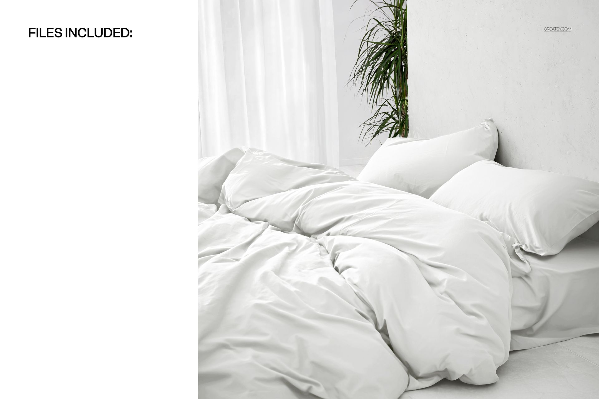 PSD mockup featuring a rumpled white duvet cover and pillows, with natural light and greenery in a modern room.