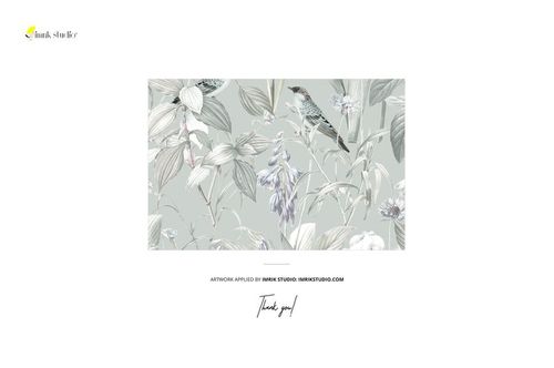 Rectangular curtain fabric mockup featuring a botanical pattern with birds and leaves in muted gray tones, front view.