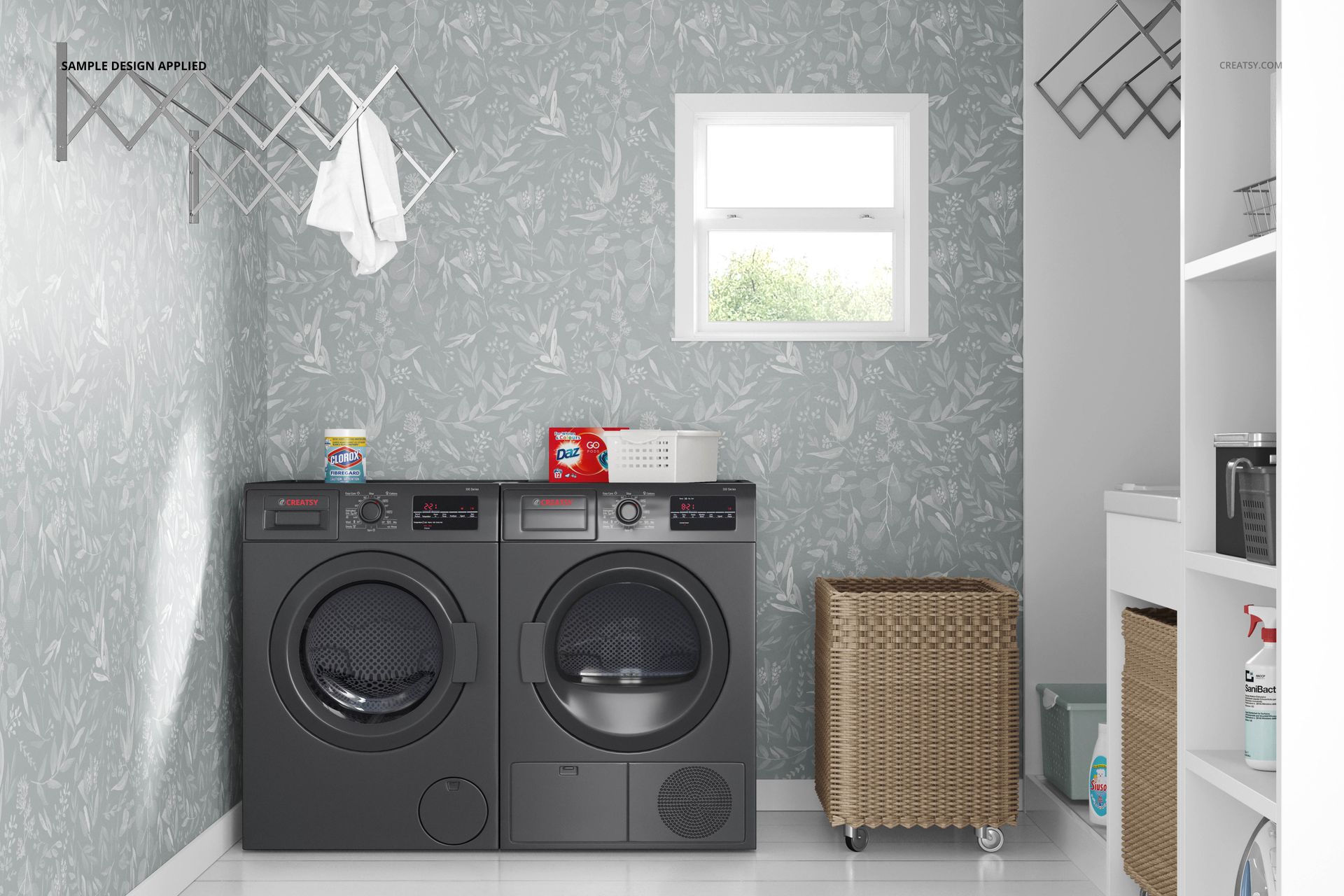 Laundry room mockup with dark appliances, leafy wallpaper, window, and organized storage baskets on a glossy floor.