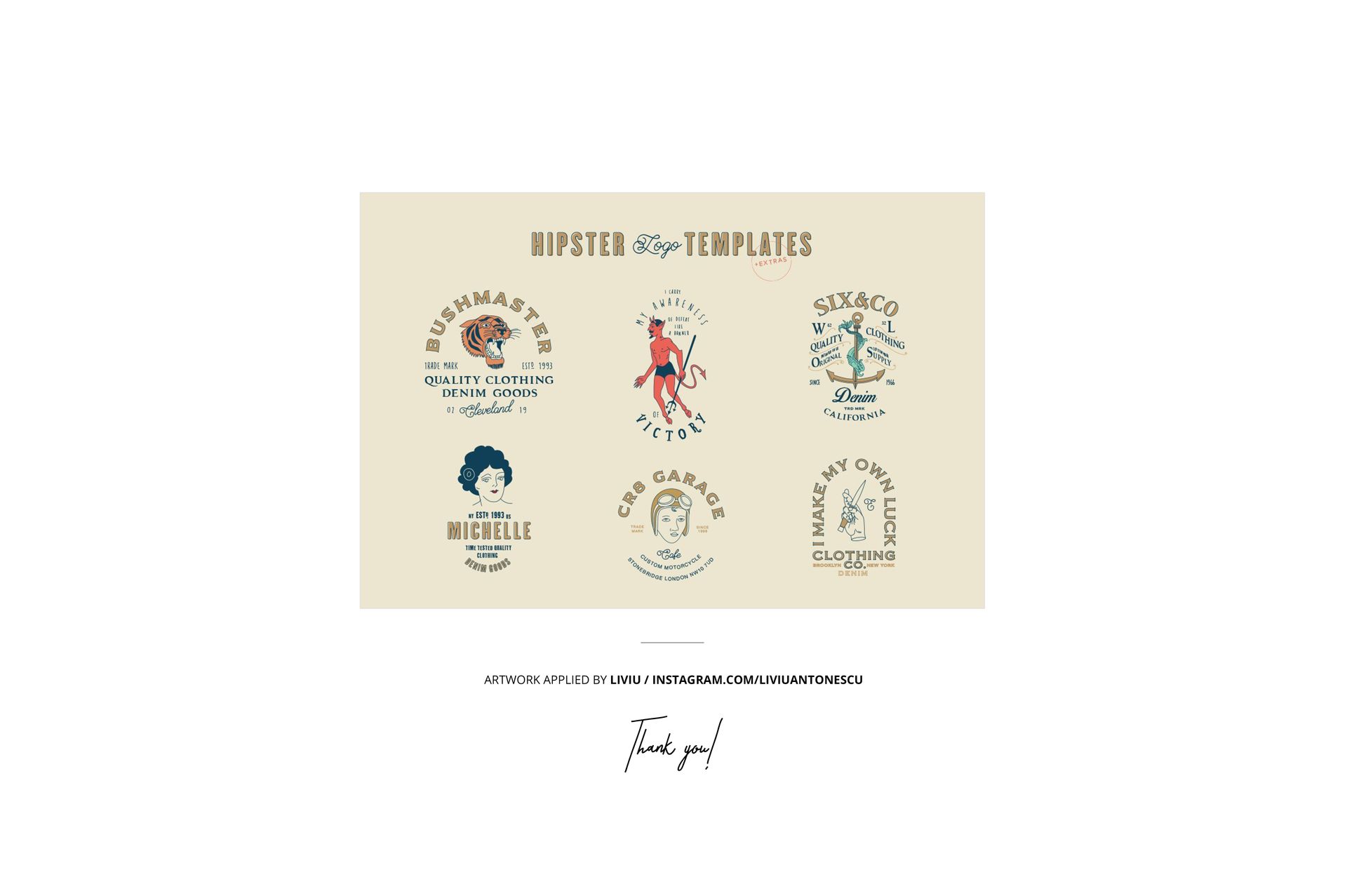 Assortment of hipster logo mockups with classic typography and illustrated elements, shown on a light beige canvas.