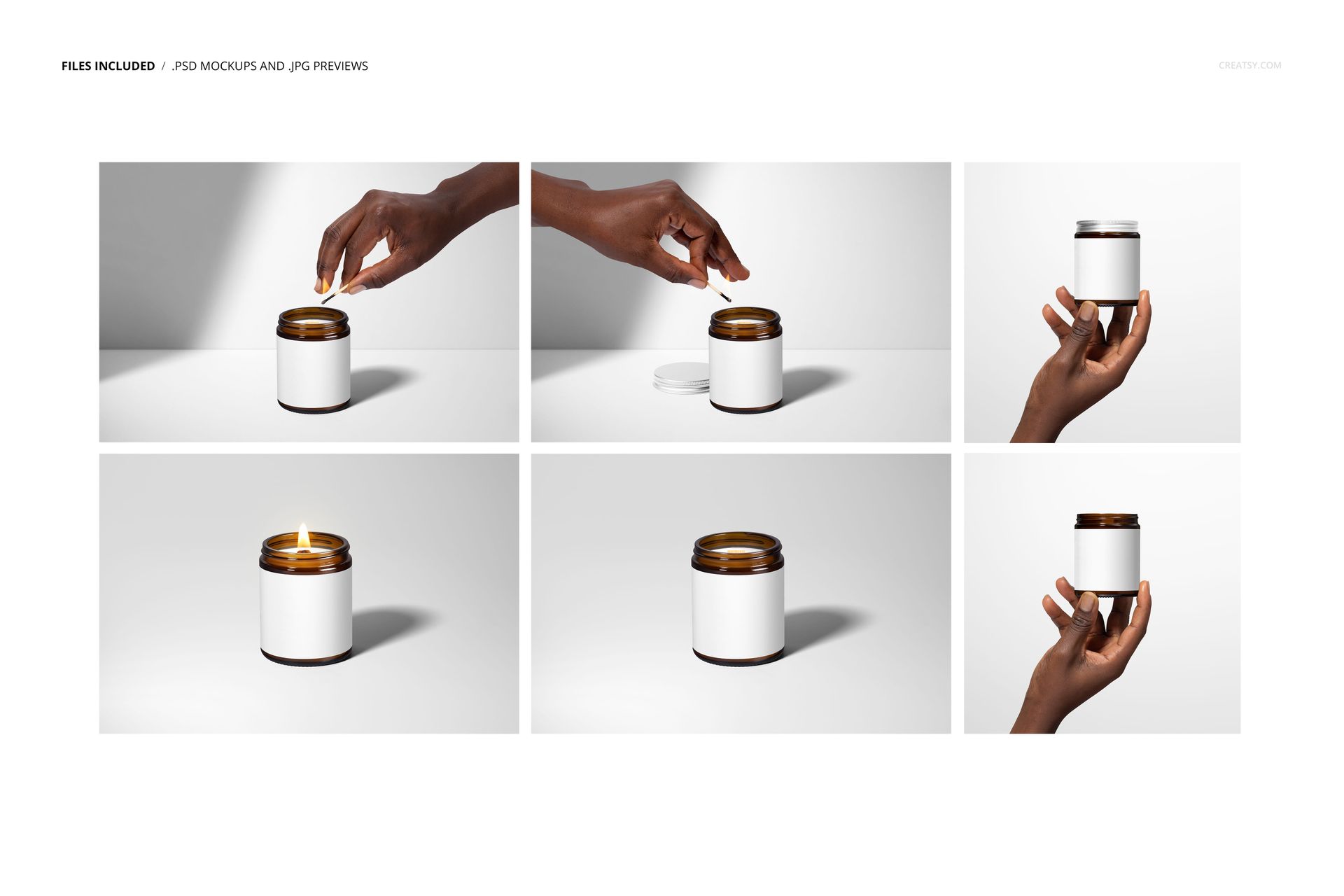 PSD mockup set featuring amber jar candles with wooden wicks, displayed in six different arrangements and perspectives.