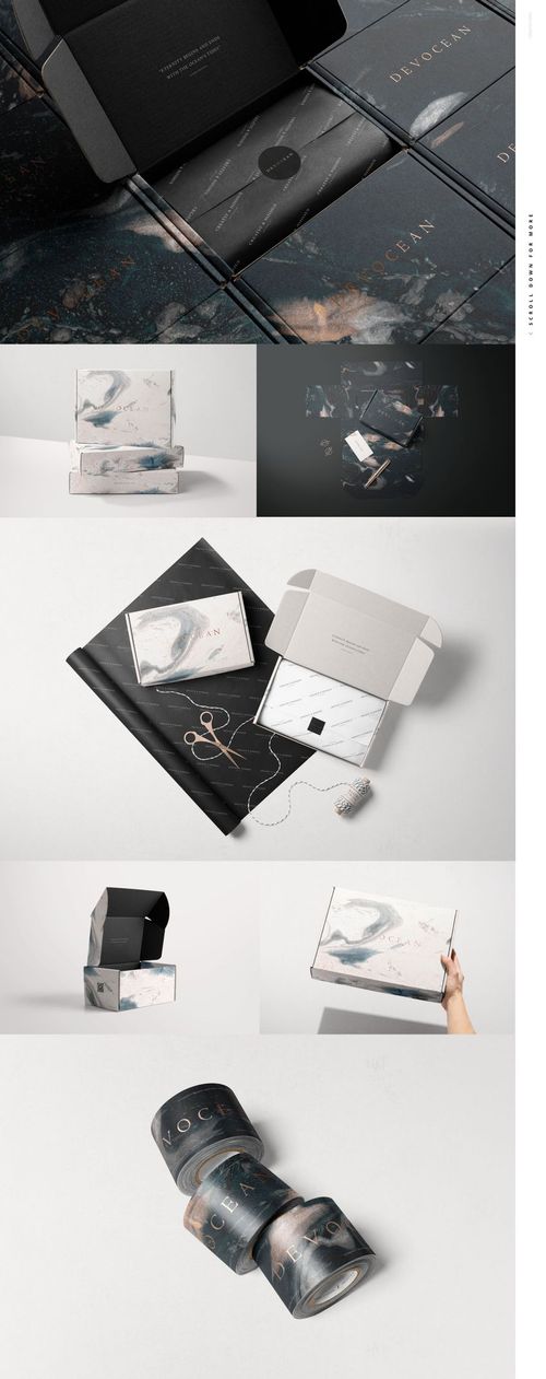 Assorted mailing boxes displayed in various arrangements, featuring abstract patterns and minimalist designs in a PSD mockup.