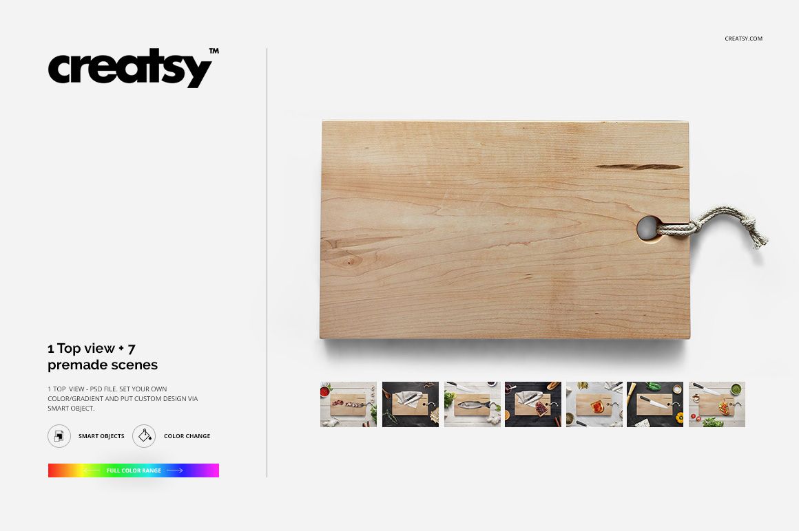 Rectangular wooden board mockup shown from above, featuring natural wood grain and a rope loop in one corner.