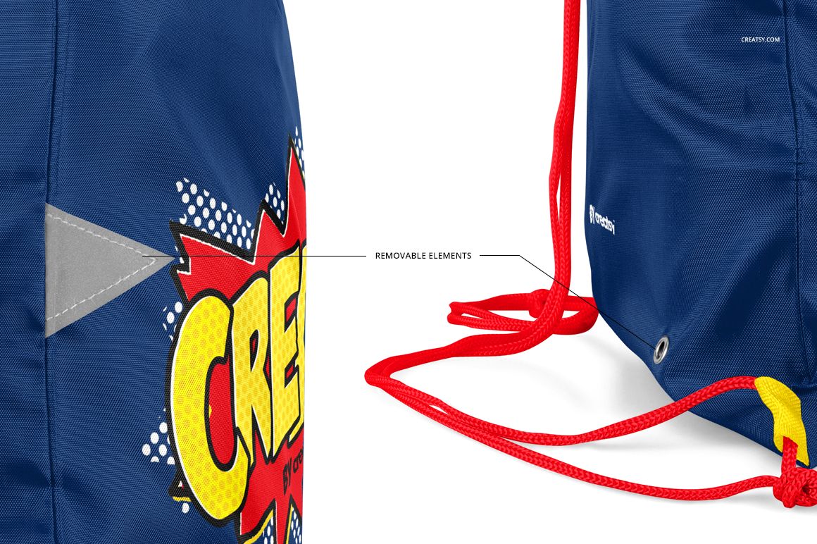 Drawstring backpack mockup featuring a blue bag with red cords, comic-style yellow and red graphic, and removable badge.