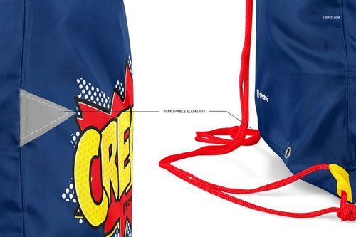 Drawstring backpack mockup featuring a blue bag with red cords, comic-style yellow and red graphic, and removable badge.