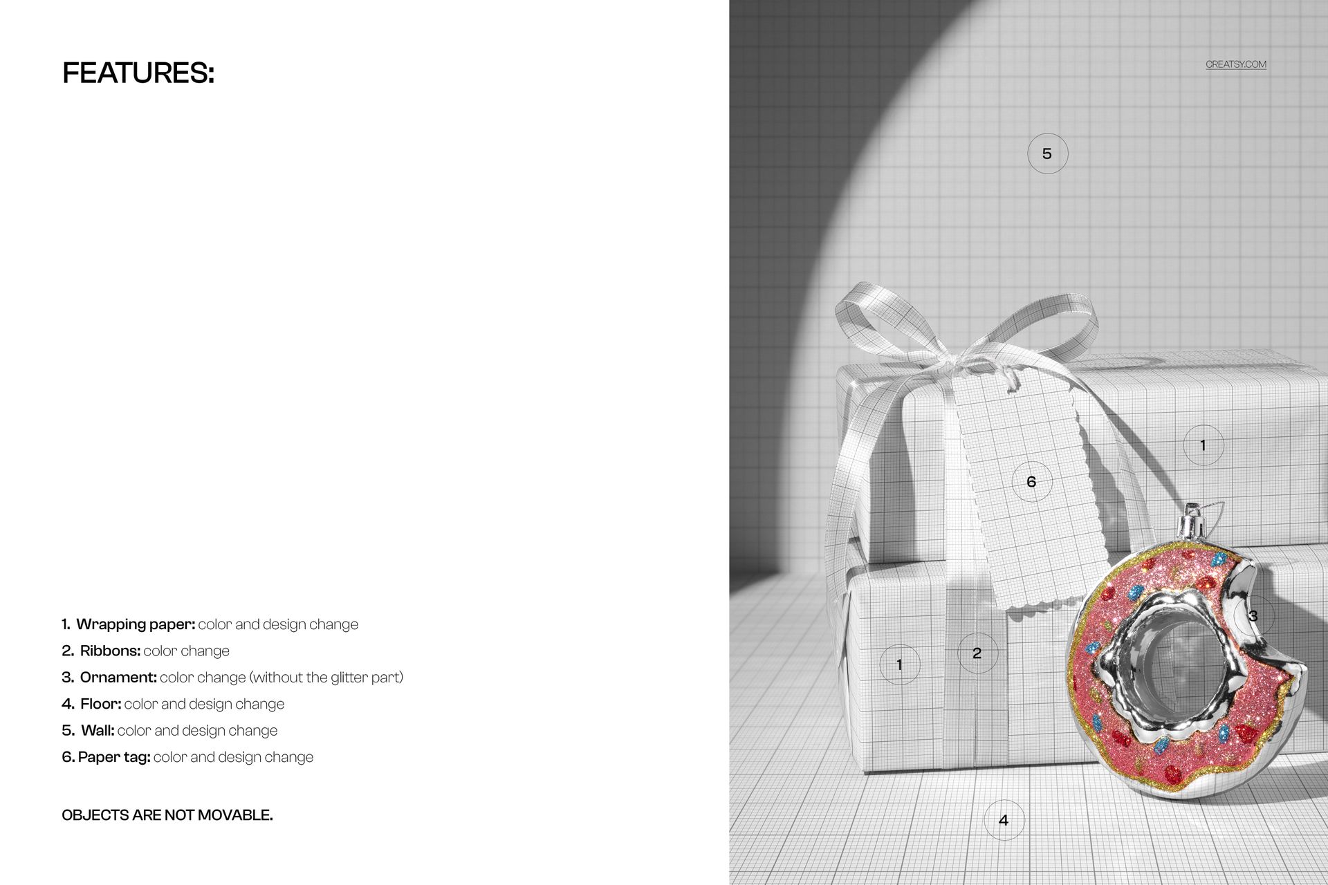 Front view of two square gift boxes wrapped in patterned paper with ribbon, featuring a donut ornament mockup.