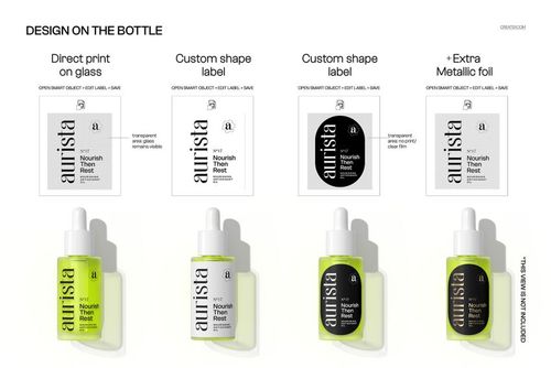 Front view of dropper bottles with various printed labels, metallic foil details, and spilled serum mockup arrangement.