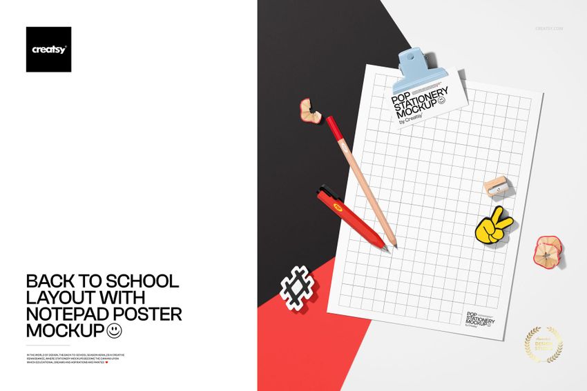 Top view of a notepad poster mockup with grid pattern, pencils, erasers, and paper clips on a geometric background.