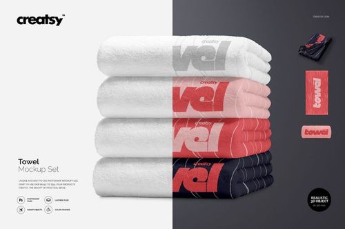 Stack of towels in white, pink, and navy colors shown from a front view, with folded towels and a flat towel mockup on the right.