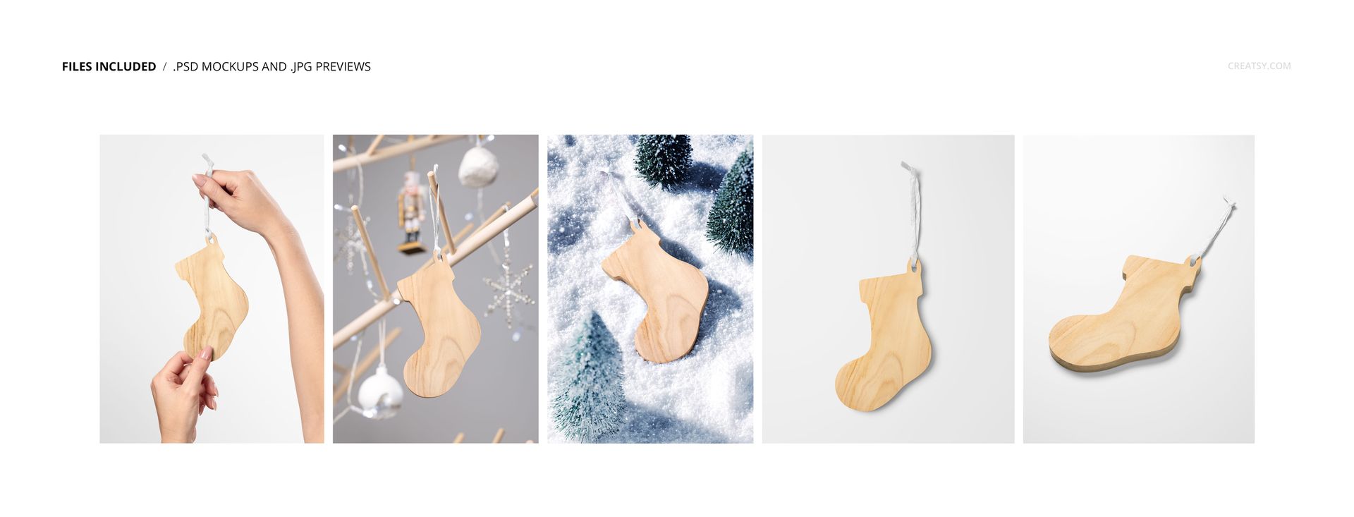 Wooden stocking-shaped ornament mockup shown in various scenes, including hanging and flat lay views with neutral backgrounds.