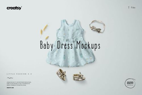 PSD mockup of a sleeveless baby dress in pastel blue, displayed with gold shoes and a headband in a flat lay scene.