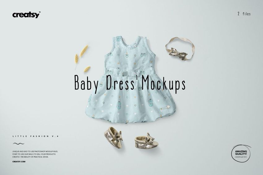 PSD mockup of a sleeveless baby dress in pastel blue, displayed with gold shoes and a headband in a flat lay scene.