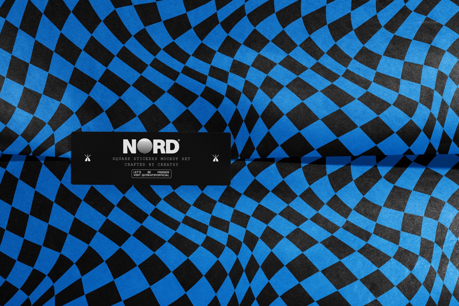 Front view of rectangular stickers mockup with bold blue and black geometric wave pattern and visible label.