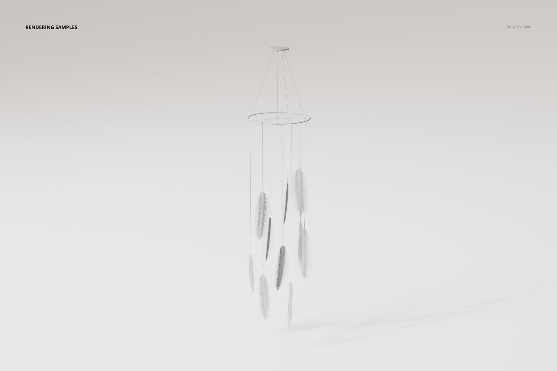 Feather wind chimes decoration with multiple feather-shaped elements hanging from circular frame, front view on white background.