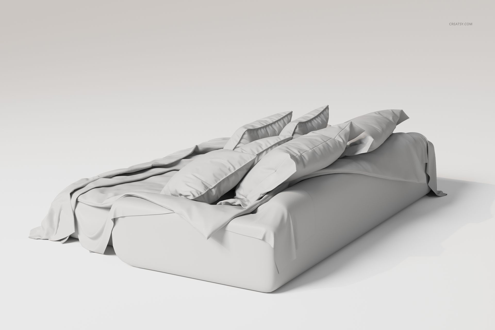 Luxury bedding set with multiple pillows and a draped blanket in light gray, shown from a side angle on a plain background.