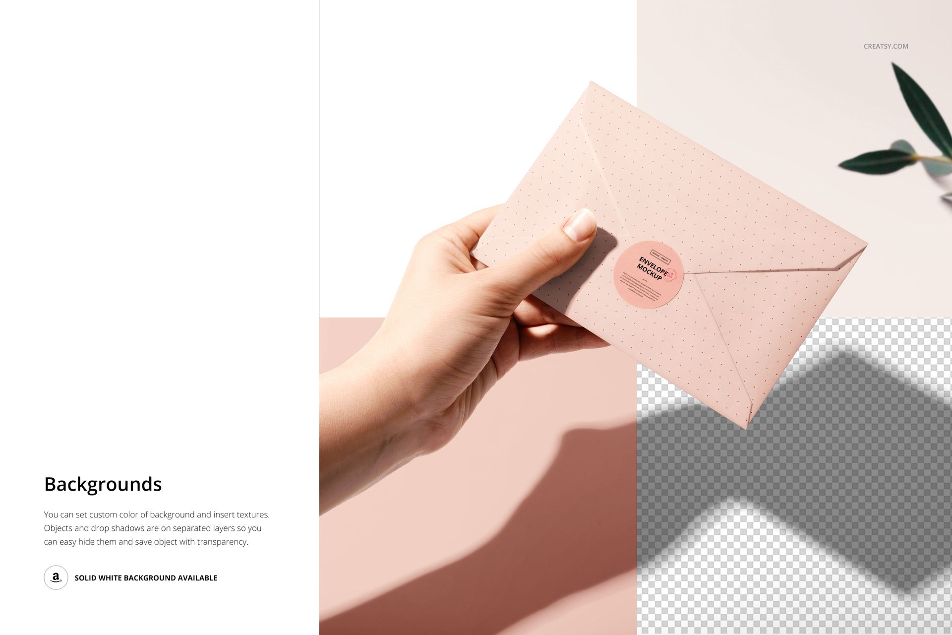PSD mockup featuring a person’s hand presenting a dotted pink envelope with sticker, with plant shadow and textured backdrop.