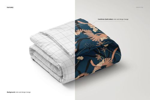 Microfiber comforter mockup showing two folded comforters, one with a grid pattern and one with a floral design, on a split background.