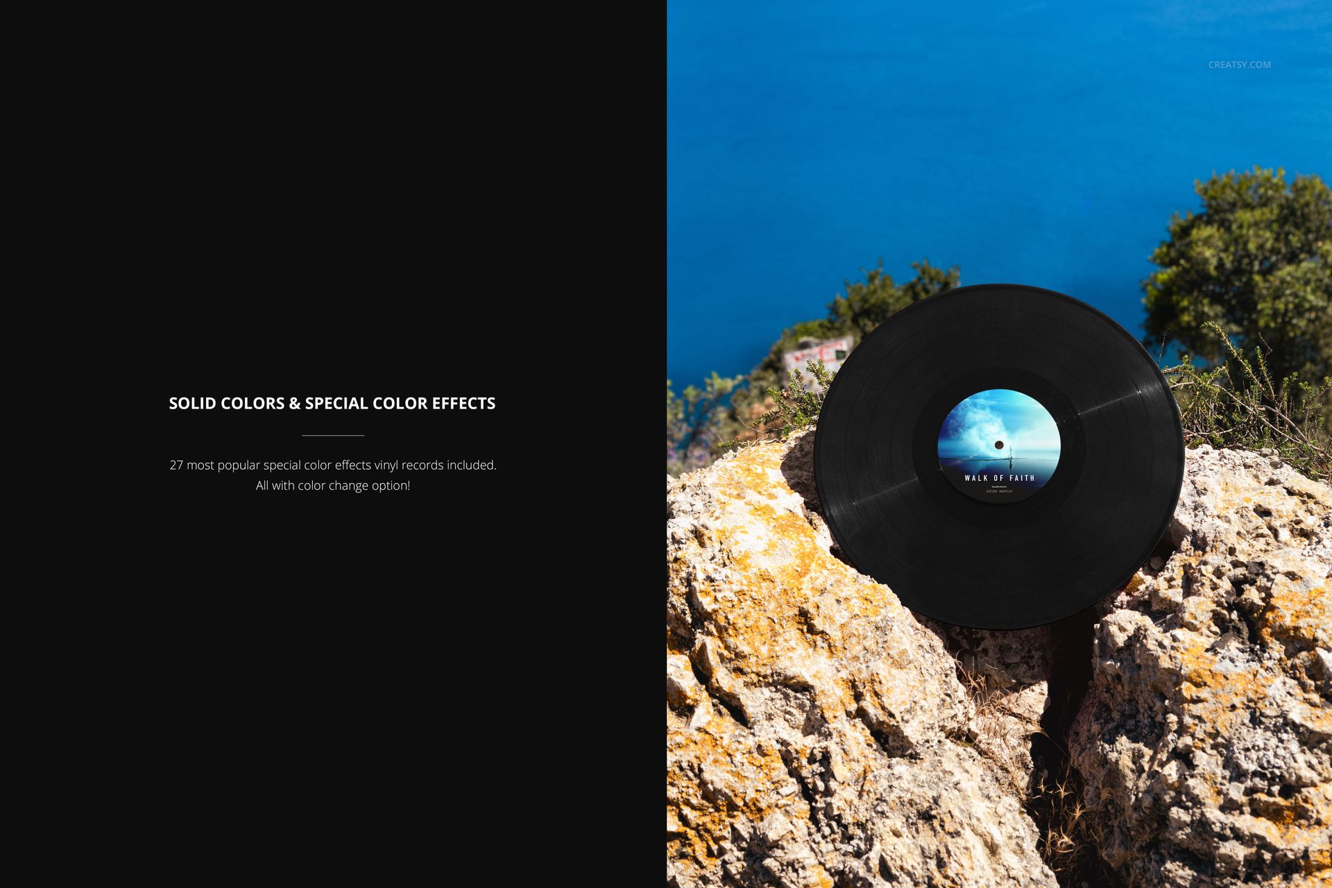 Black vinyl record with a blue center label placed on rugged rocks overlooking the ocean, front view mockup.