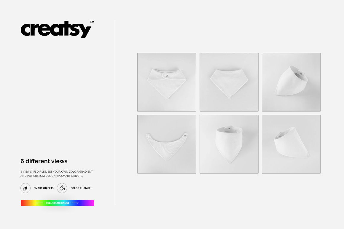 Six mockup views of white baby bandana bibs arranged in a grid, showing various styles and perspectives on a neutral background.