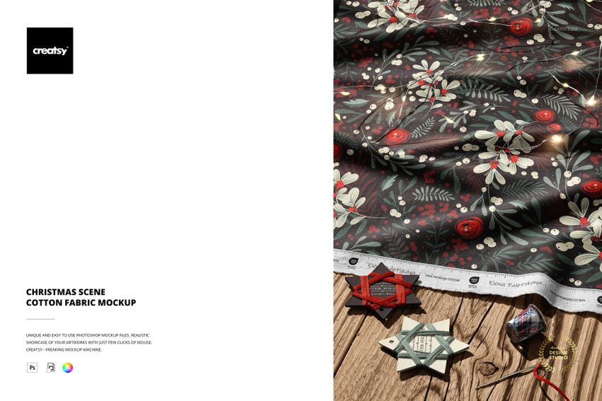 Christmas scene cotton fabric mockup featuring festive foliage and berries, arranged on a rustic wood background.