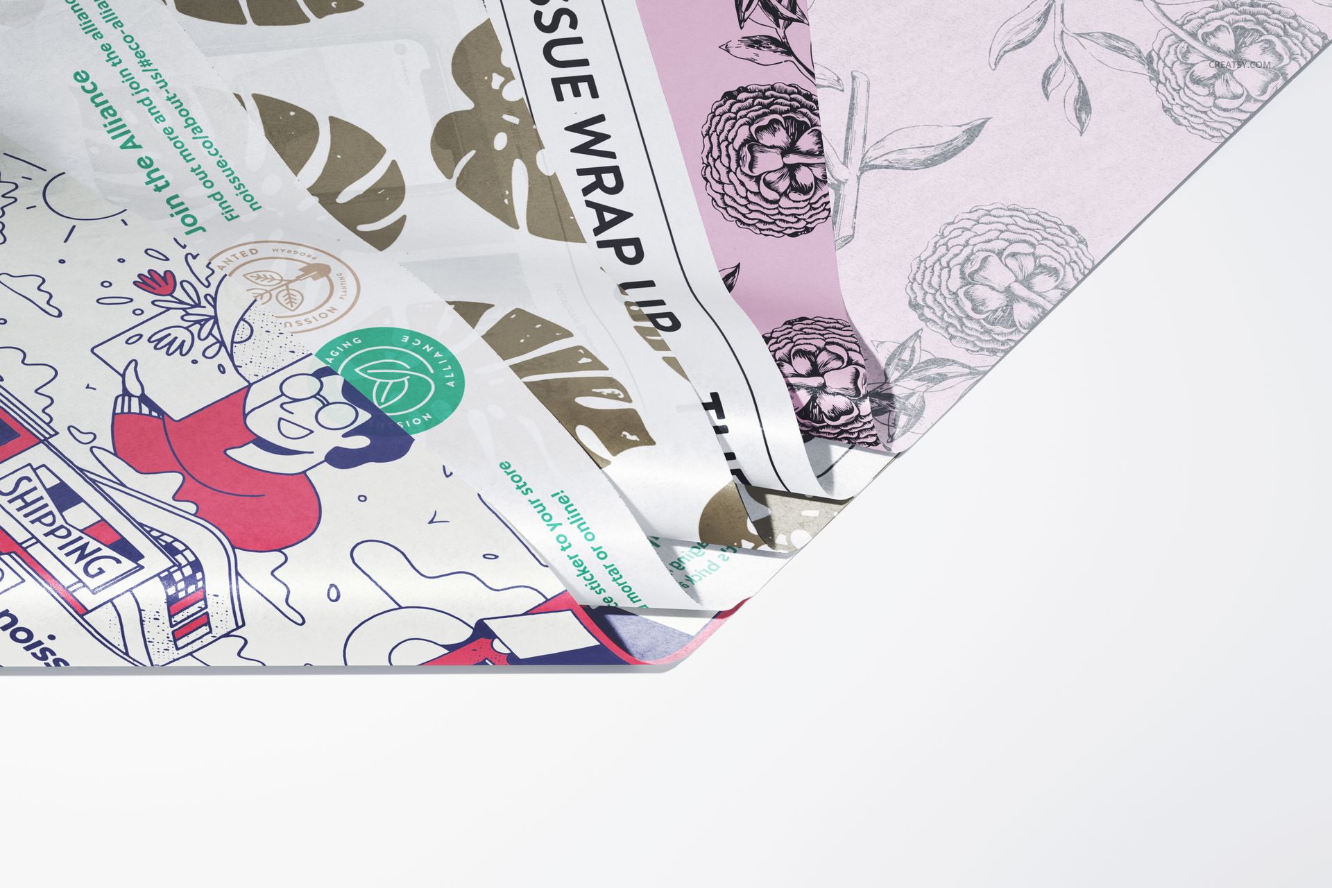 Assorted tissue paper mockup featuring colorful designs and botanical prints, shown from an angled top view.