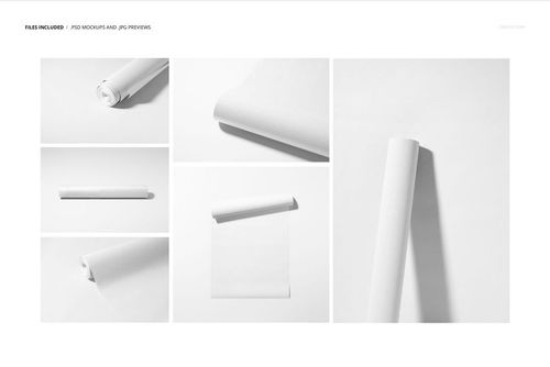 Non-woven vinyl wallpaper mockup set showing rolled and unrolled sheets in white, viewed from various angles.