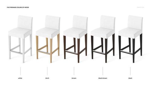 Front view of five bar stools with white upholstered seats and backs, each featuring different wood leg colors.