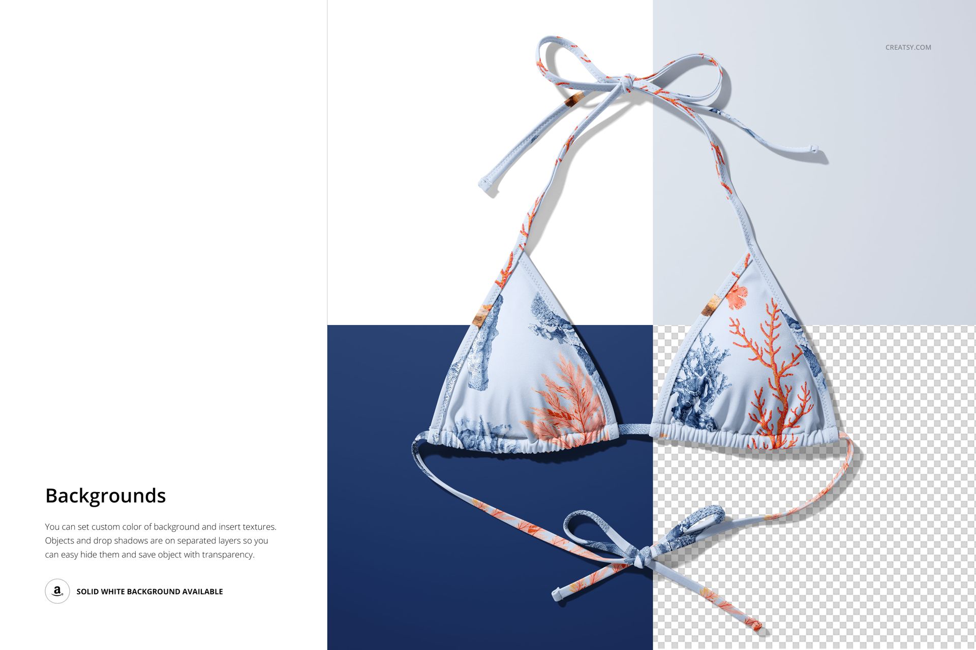 Front view of a bikini top mockup featuring a blue and orange coral pattern, displayed on a split background.