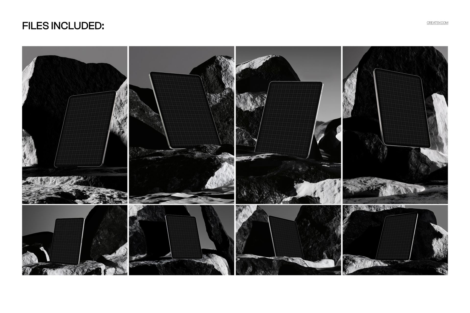 iPad Pro mockup set showing multiple tablets with dark screens placed among large textured boulders in grayscale.